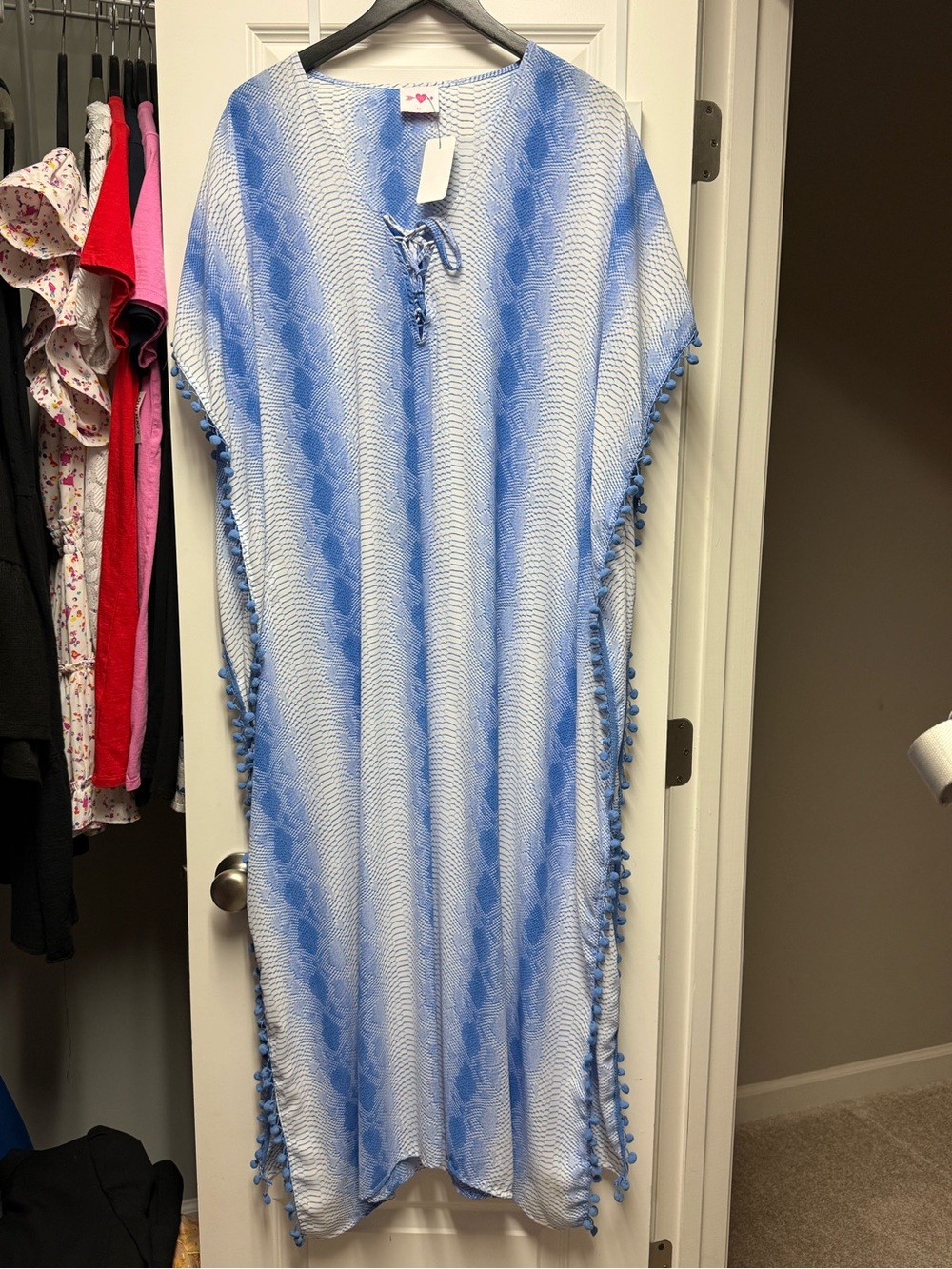 Buddy Love Light Blue and White Tie-Front Pom-Pom Caftan Maxi Dress